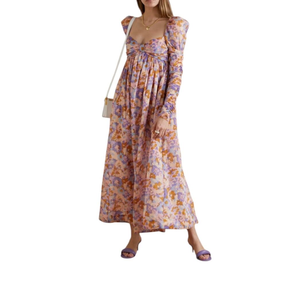 Zimmermann Cotton Floral Print Twist Front Midi Dress Purple Women's Size 1